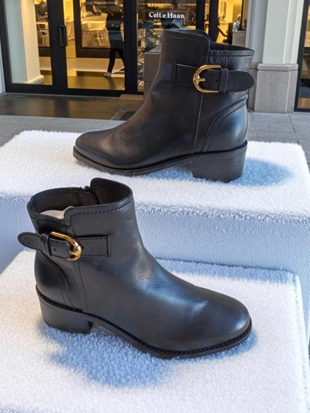 New Cole Haan Silvana Black Leather Ankle Boot with Gold Buckle 5.5